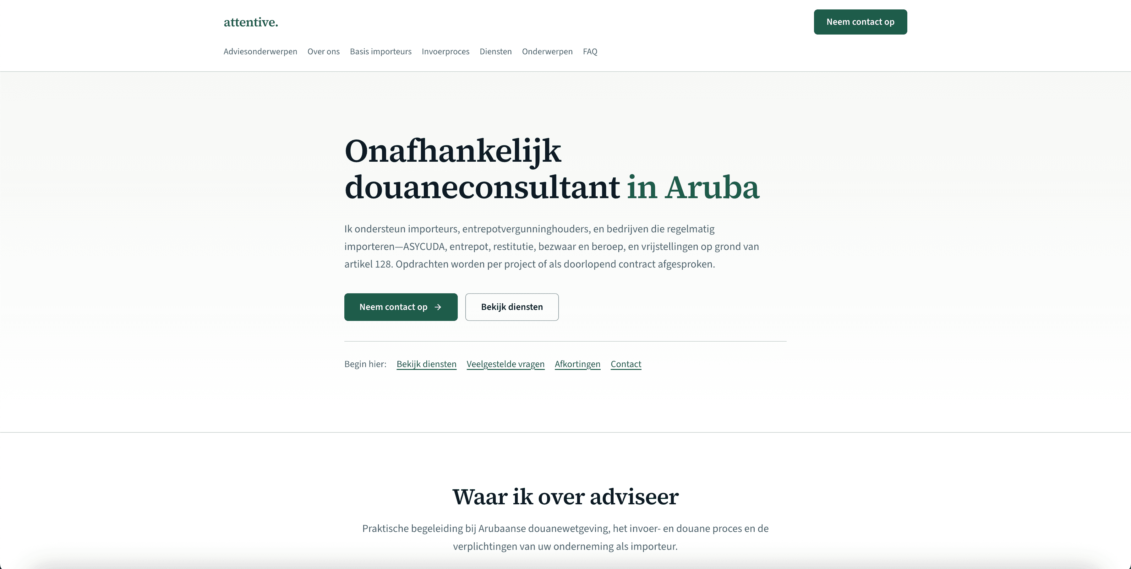 The Attentive Consultancy home page, an independent customs consultant's site with a plain-language intro and a contact call to action.
