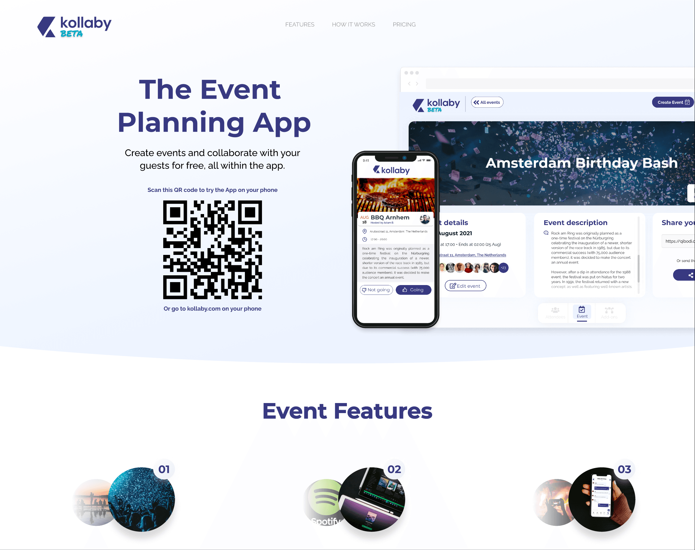 The Kollaby event-planning landing page, with a QR code, phone preview, and event dashboard.
